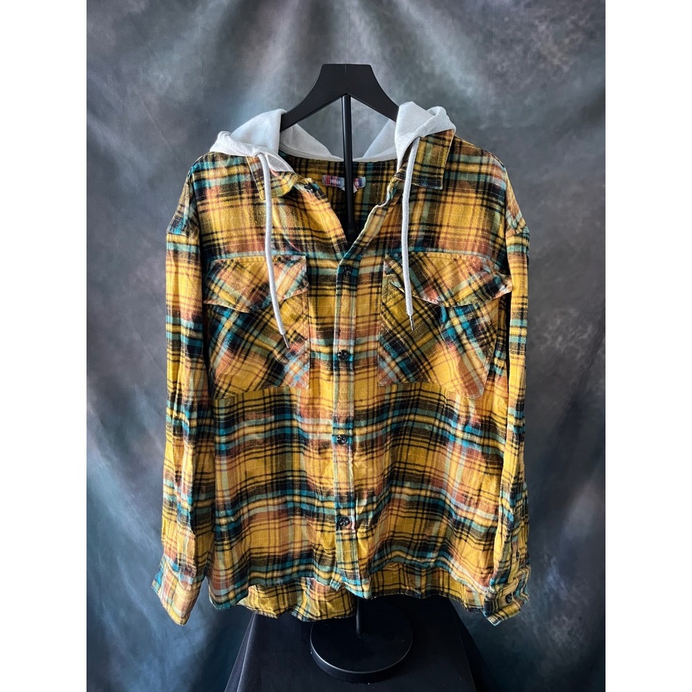 Urban Outfitters Hooded Flannel Shirt Jacket Mens Med Yellow‎ Plaid Long Sleeve